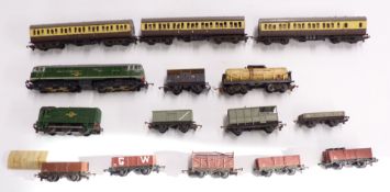 Fifteen Tri-ang TT gauge locomotives, coaches and wagons including diesel Dock Shunter, GWR