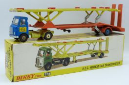 Dinky Toys diecast model A.E.C. Hoynor Car Transporter with blue cab and range and yellow trailer,