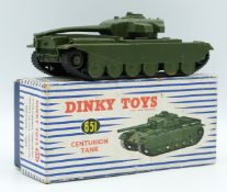 Dinky Toys diecast model Centurion Tank with green body and black rubber tracks, 651, in original