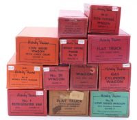Twelve Hornby 0 gauge wagons, trucks and vans including Gas Cylinder Wagon, Petrol Tank Wagon,