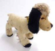 A vintage French straw filled Teddy bear dog with growler, leather collar and bell, 53cm long.