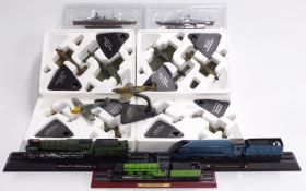 Fifteen Atlas Edition and similar model fighter planes, locomotives and battleships including Hawker