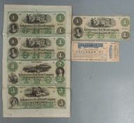 Tallahassee Rail Road Company one dollar note, sheet of one, two and three dollar notes and a
