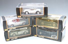 Five Maisto Special Edition 1:18 scale diecast model cars comprising Porsche 911 Carrera