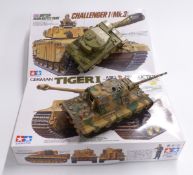 Two Tamiya 1:35 scale plastic kit built model tanks comprising German Tiger I 35194-4000 and