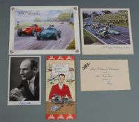 Five Stirling Moss signed autographed items including a photograph, birthday card and Christmas