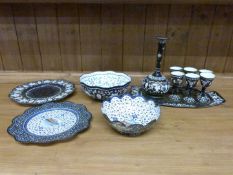 Four pieces of 19th/20thC Persian enamelled ware including two pedestal bowls, largest H7.5cm,