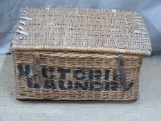 A vintage wicker hamper with leather straps, W77 x D44 x  H40cm