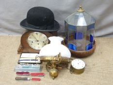 A leaded glass terrarium H33cm, together with a three train dual chiming mantel clock with