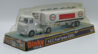 Dinky Toys diecast model A.E.C. Fuel Tanker Esso with white cab and tank, silver hubs and Esso