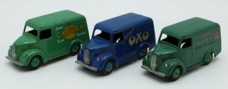Three Dinky Toys diecast model Trojan delivery vans Beefy Oxo 31D, Chivers Jellies 452 and Cydrax