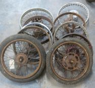 Five motorbike wheels including possible British Hub Company