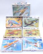 Seven Hasegawa 1:32 scale model aeroplane kits including Nakajima Ki-43 Oscar, Boeing F4B-4,