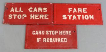 Three Glasgow Corporation double sided cast aluminium tram signs comprising all cars stop here, fare