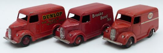Three Dinky Toys diecast model Trojan delivery vans Brooke Bond Tea 455, Esso 450 and Dunlop The