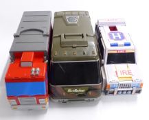 Three Micro Machines vehicle playsets, firetruck, military vehicle and Grand Prix Racing