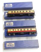 Five Hornby Dublo 00 gauge model railway coaches including Restaurant Car, Corridor Coach etc, all
