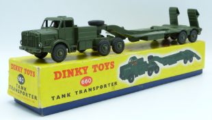 Dinky Supertoys diecast model Tank Transporter with green body and trailer, 660, in original box.