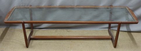 G Plan retro/mid century modern glazed teak coffee table, W155 x D48 x H39cm