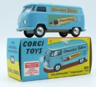 Corgi Toys diecast model Volkswagen Toblerone Van with blue body, white interior, silver hubs and '