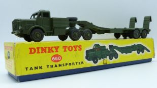 Dinky Supertoys diecast model Tank Transporter with green body and trailer, 660, in original box.