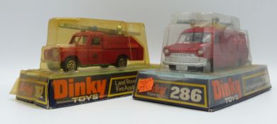 Two Dinky Toys diecast model fire engines Ford Transit Fire Appliance 286 and Land Rover Fire