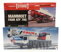Two 1:50 scale diecast model cranes Tadano Faun All Terrain AFT 100-5 and Mammoet Faun ATF 70G, both