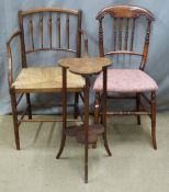 Two 19thC chairs and a pokerwork side table