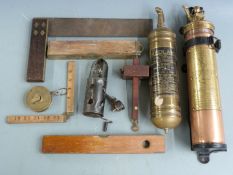 Two vintage car or similar fire extinguishers comprising Nuswift and Redlam, 33ft tape measure, MkII