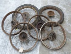 Six vintage or veteran motorbike wheels