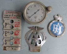 Smiths vintage car clock marked L to dial together with an RAC badge, AA badge and a Champion