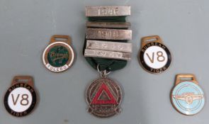 Motoring interest keyrings and badges including Sunbeam V8, Triumph Toledo and safe driving