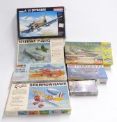 Seven Monogram, Curtiss and Supertech model aeroplane kits including Mustang FSID, Fokker D VII etc,
