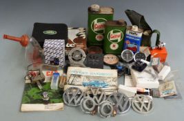 Motoring collectables to include Cirencester Car Club badge, Castrol Oil jug and tins, timing light,
