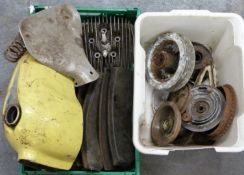 Motorbike parts including seat, tanks, hubs and cylinder head