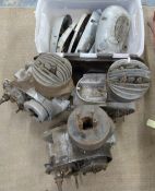 Three AMC motorbike engines, one box of covers T20