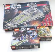 Three Lego Star Wars construction sets Imperial Star Destroyer 6211, TIE Interceptor, 6206 and Clone