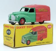 Dinky Toys diecast model Austin Van with green and red body, red hubs and 'Shell BP' decals, 470, in