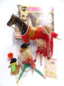 Two Sindy dolls, two Barbie dolls and various outfit's and accessories including Sindy's Horse in