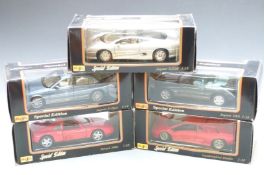 Five Maisto Special Edition 1:18 scale diecast model cars comprising Jaguar XK8 XJ220 and S-Type,