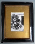 Framed photograph of Eric Williams on his 1921 TT wining AJS, overall size 51 x 41cm