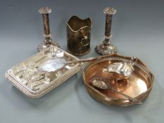 Silver plate to include pair of candlesticks, height 21cm, circular tray, serving dishes, mirror