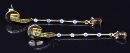 A pair of 18ct gold earrings set with yellow sapphires and diamonds, 4.4cm, 3.5g