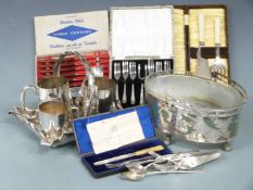 Silver plated ware including crimped basket, glass basket with plated mounts, cased cutlery and
