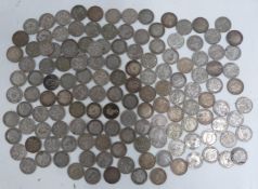 Over 140 silver threepences, Victoria onwards, approximately 198.5g