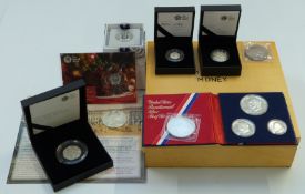 Various silver coins, some cased, some in presentation packs, two loose, includes 150th