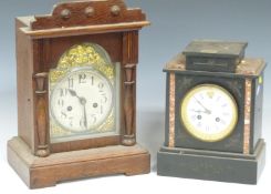 19thC slate and marbled mantel clock by Japy Freres, striking on a bell, 27cm tall, together with