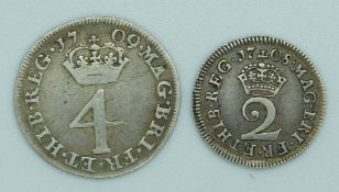 Queen Anne 1709 Maundy fourpence, F, together with a Maundy twopence 1708, VF
