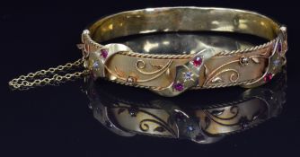 9ct gold bangle set with rose cut diamonds and rubies, Birmingham 1911, 11.6g