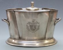 Silver plated or similar two bottle wine cooler with heraldic decoration, width 35cm
